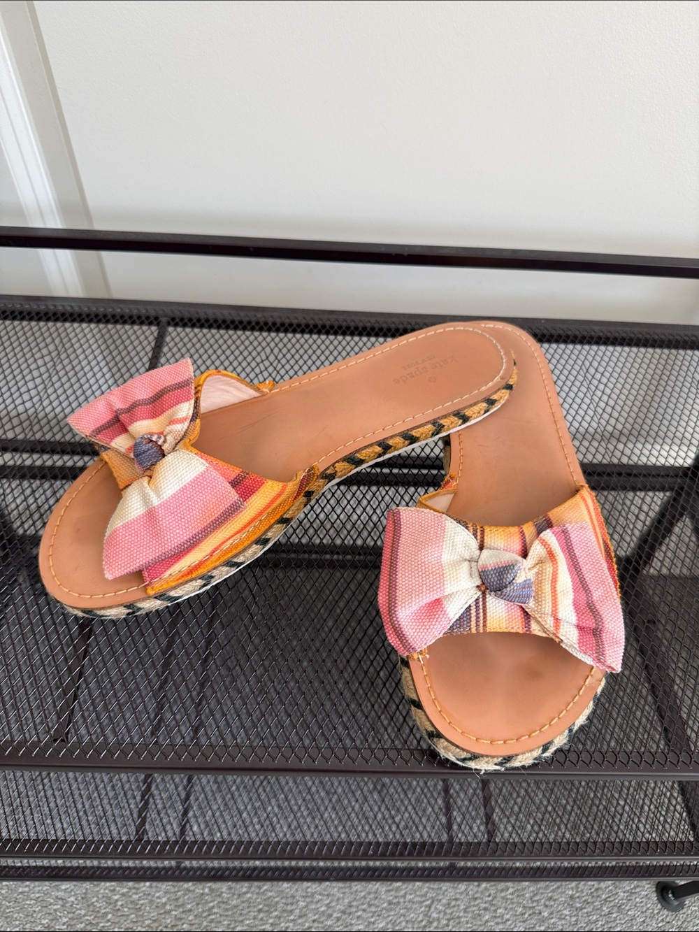 kate spade Striped Bow Slide Sandals in Pink, Yellow & Cream